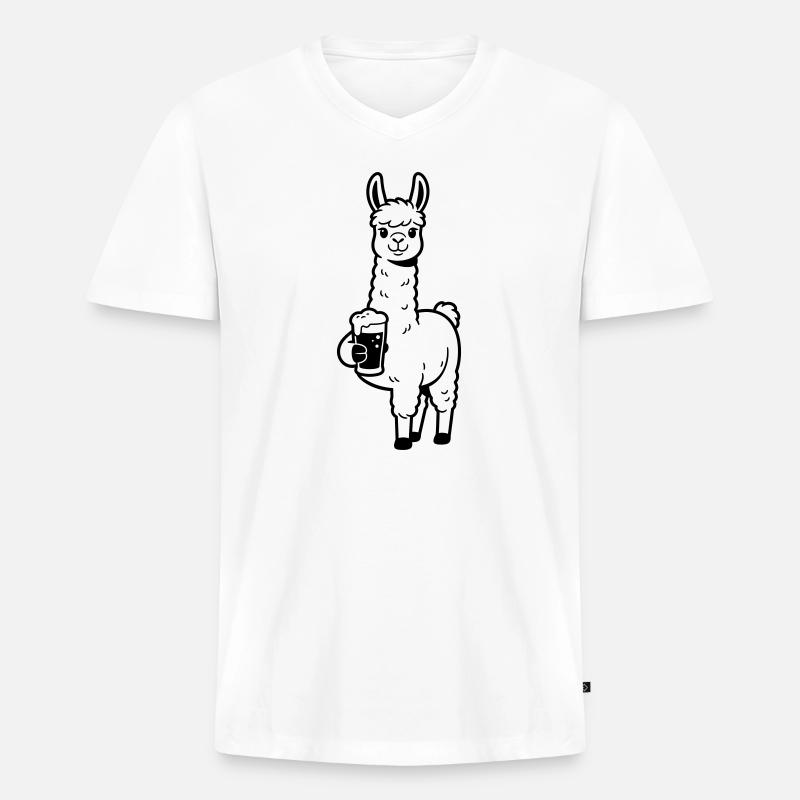Llama mit Bier - Männer Premium Bio T-Shirt mit V-Ausschnitt - Weiß