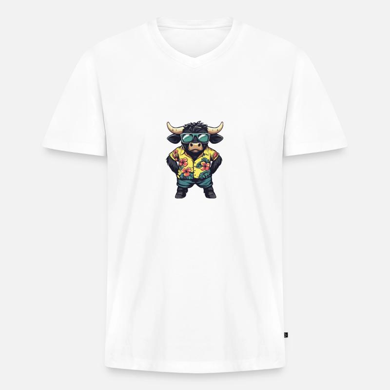 Stier Comic Cool Sommer - Männer Premium Bio T-Shirt mit V-Ausschnitt - Weiß