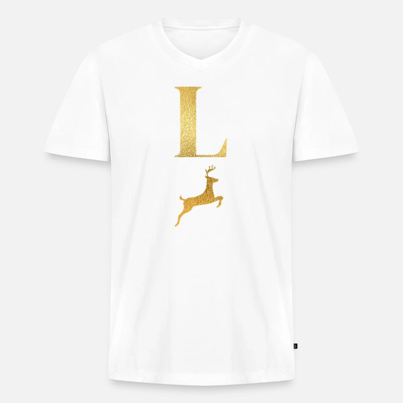 Buchstabe l Goldener Hirsch - Geschenkidee - Männer Premium Bio T-Shirt mit V-Ausschnitt - Weiß