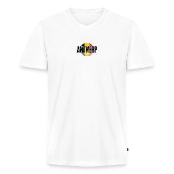 We Emblem Split Gelb Rot - Männer Premium Bio T-Shirt mit V-Ausschnitt - Weiß - Vorne - Nico (187cm)