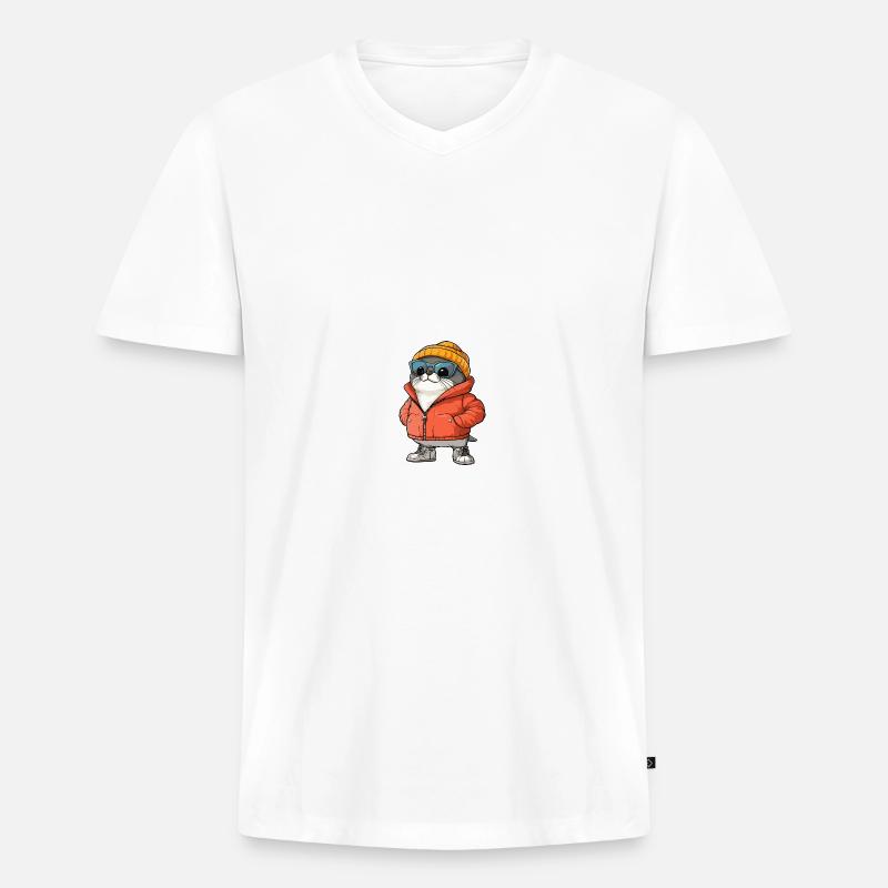 Robbe Tier Winter Comic - Männer Premium Bio T-Shirt mit V-Ausschnitt - Weiß