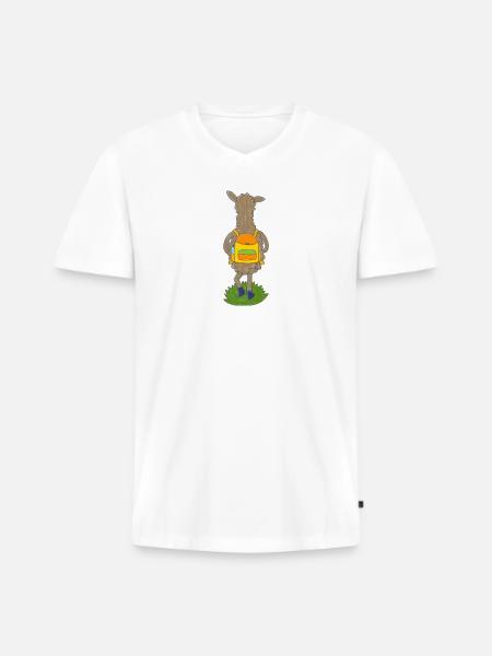 Lama mit buntem Rucksack - Männer Premium Bio T-Shirt mit V-Ausschnitt - Weiß