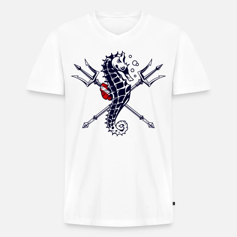 Taucher Trident Seepferdchen - Männer Premium Bio T-Shirt mit V-Ausschnitt - Weiß