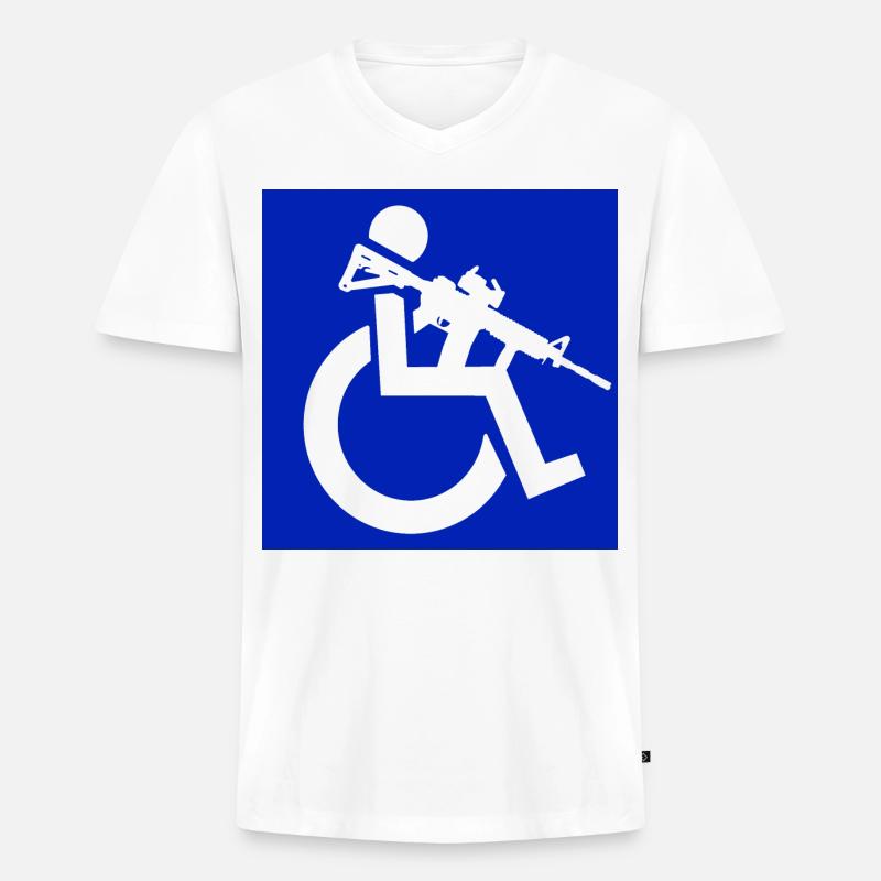 Bild eines Rollstuhlfahrers mit einem Gewehr # - Männer Premium Bio T-Shirt mit V-Ausschnitt - Weiß