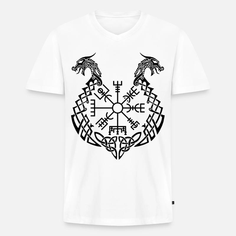 Schwarzer Drache und Wikingerkompass - Männer Premium Bio T-Shirt mit V-Ausschnitt - Weiß