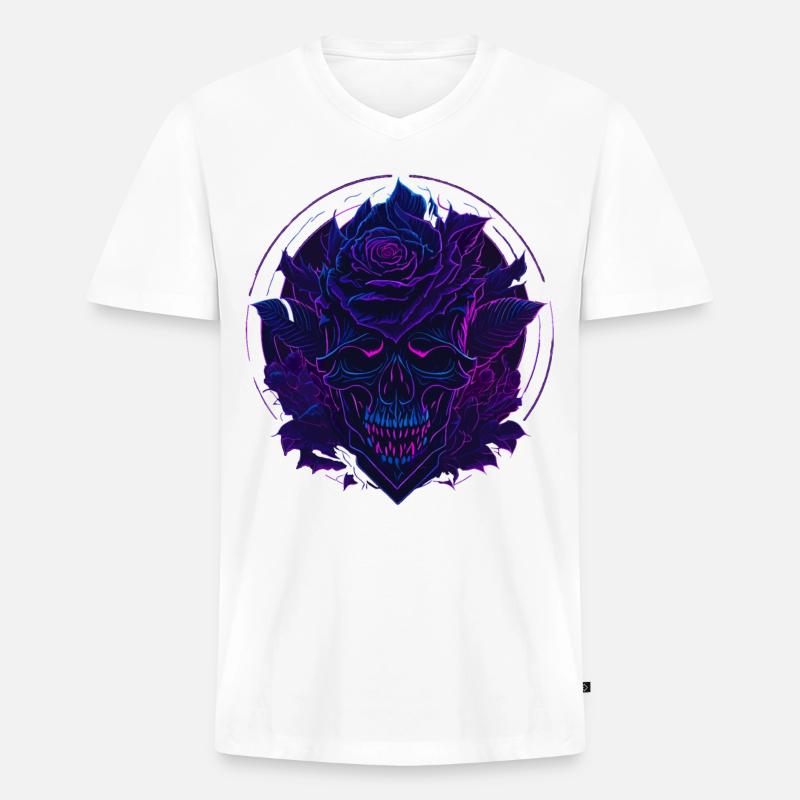Neon Rosen Schädel EDM - Männer Premium Bio T-Shirt mit V-Ausschnitt - Weiß