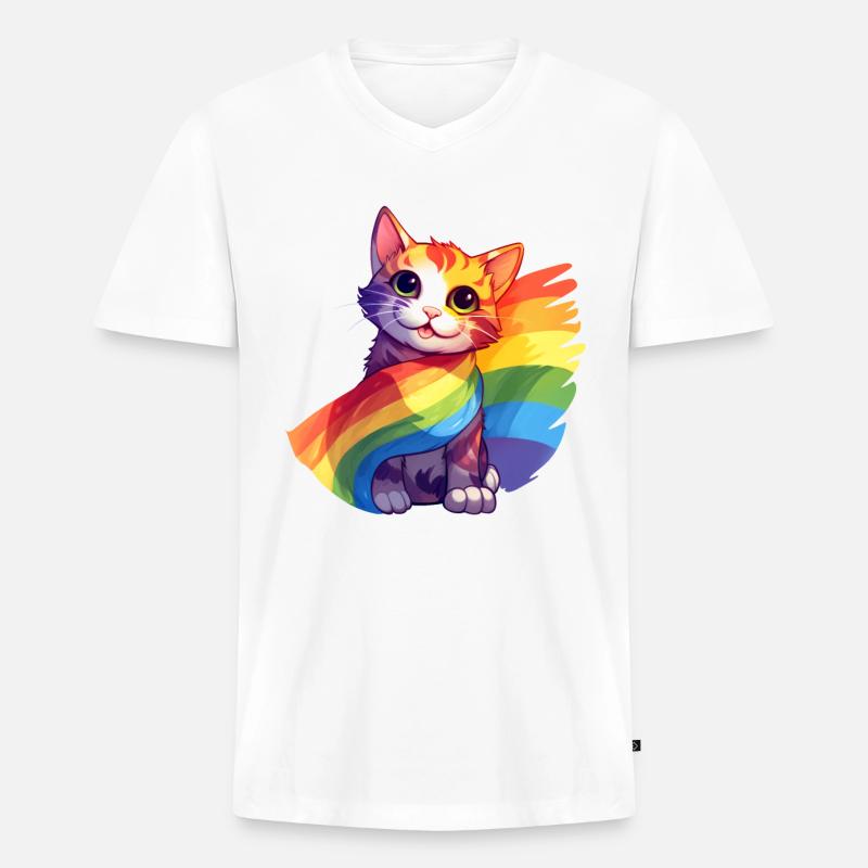 Pride Cat – Bunte Regenbogen-Katze mit Flagge - Männer Premium Bio T-Shirt mit V-Ausschnitt - Weiß