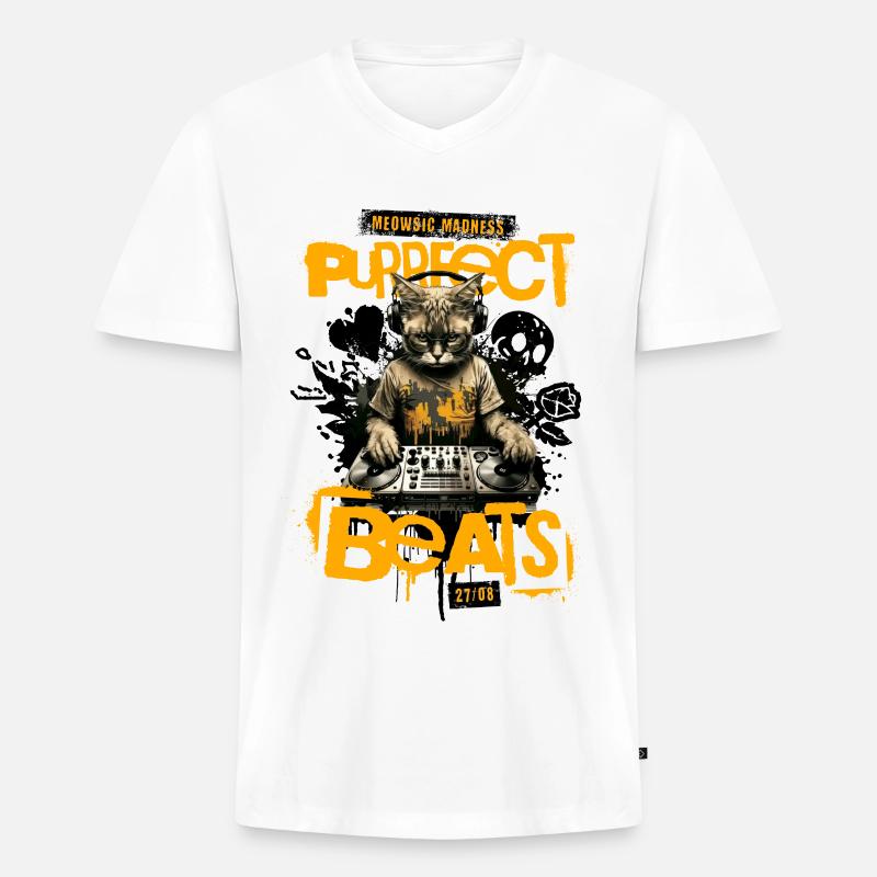KatzenDJ Beats Graffiti - Männer Premium Bio T-Shirt mit V-Ausschnitt - Weiß