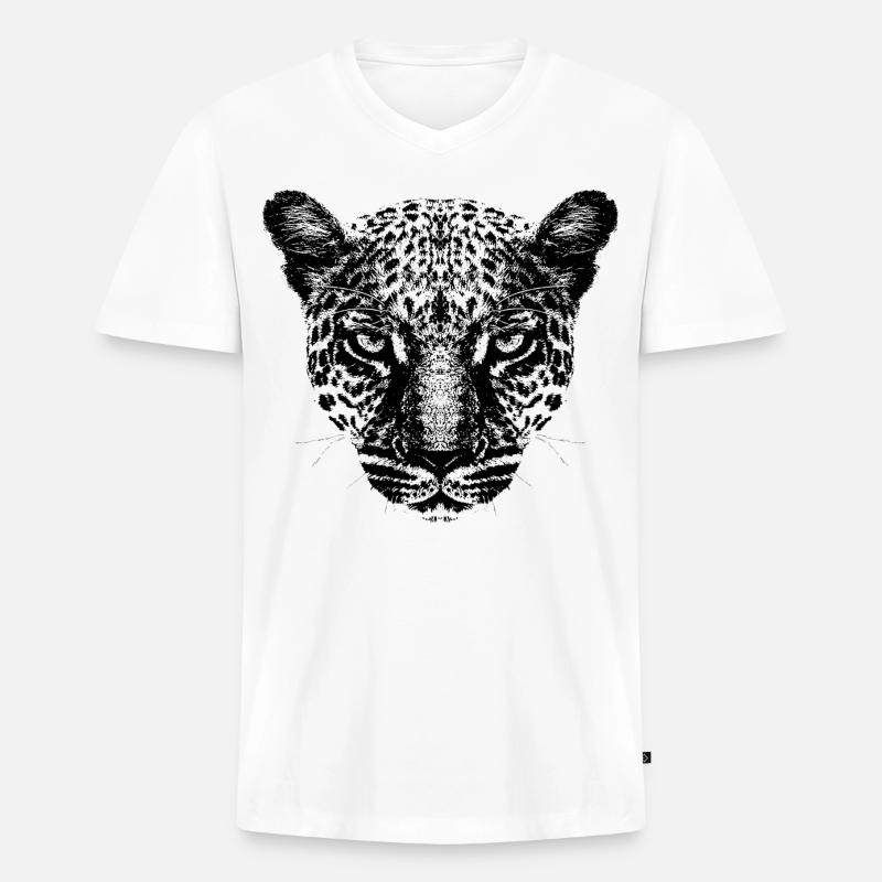 Leopard / Kopf / Schwarz - Männer Premium Bio T-Shirt mit V-Ausschnitt - Weiß