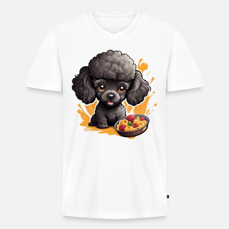 Schwarzer Pudel mit lecker Essen - Männer Premium Bio T-Shirt mit V-Ausschnitt - Weiß