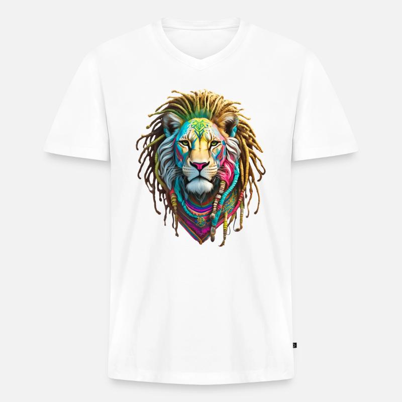 Bunte Afro Löwen und kunstvolle Dreadlocks - Männer Premium Bio T-Shirt mit V-Ausschnitt - Weiß