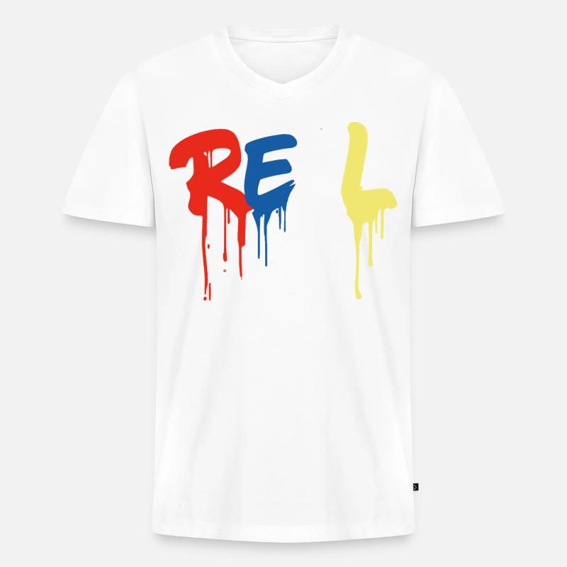 Graffiti-Style "REAL" - bunter tropfender Buchstabe - Männer Premium Bio T-Shirt mit V-Ausschnitt - Weiß