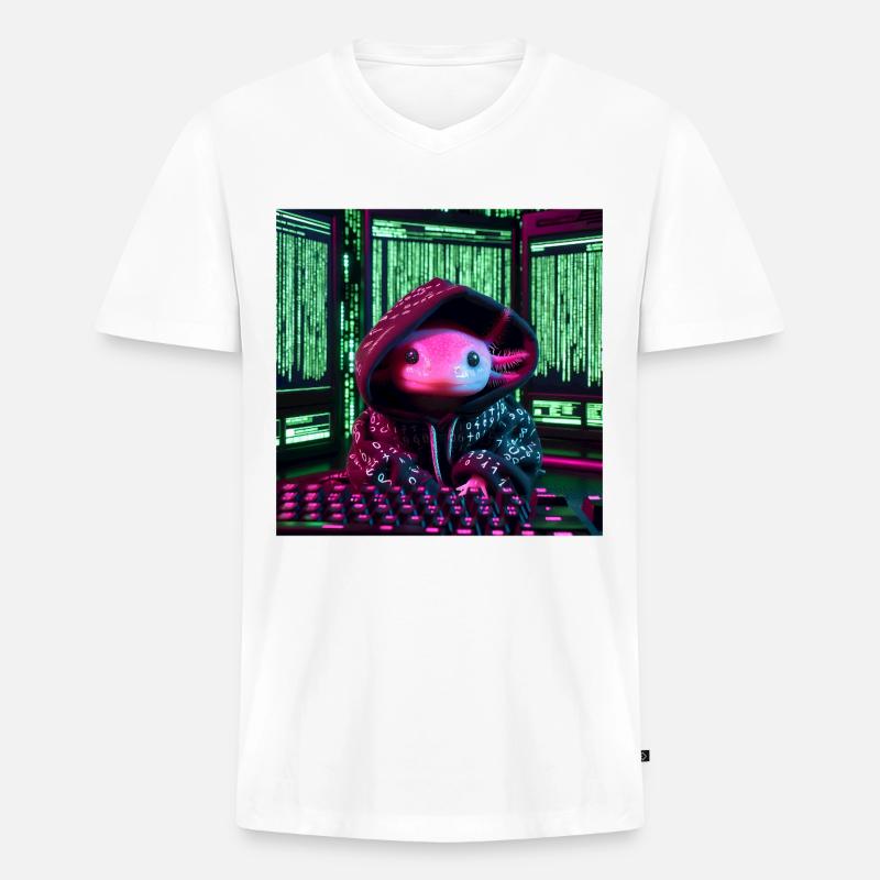 Cyber-Axolotl im digitalen Code-Look - Männer Premium Bio T-Shirt mit V-Ausschnitt - Weiß