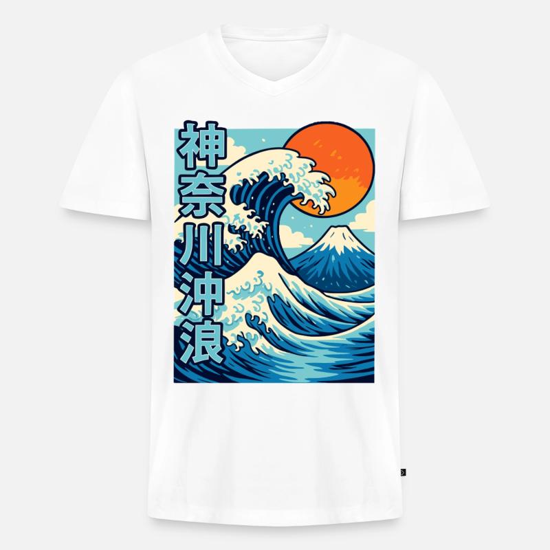 Große Welle Kanagawa Comic Stil - Männer Premium Bio T-Shirt mit V-Ausschnitt - Weiß