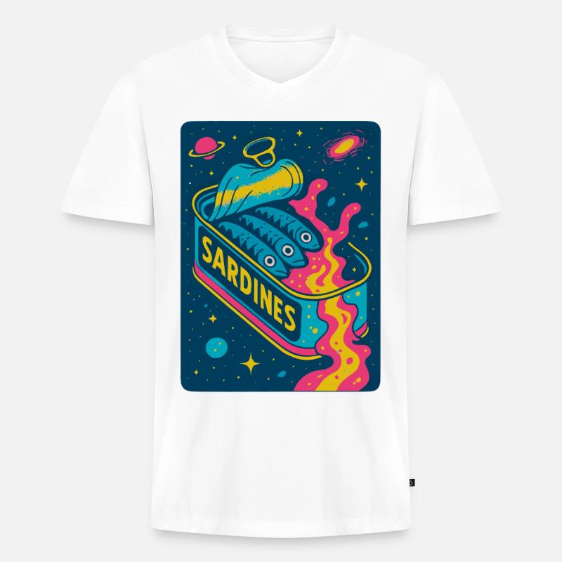 Kosmische Sardinen Retro Kunst - Männer Premium Bio T-Shirt mit V-Ausschnitt - Weiß
