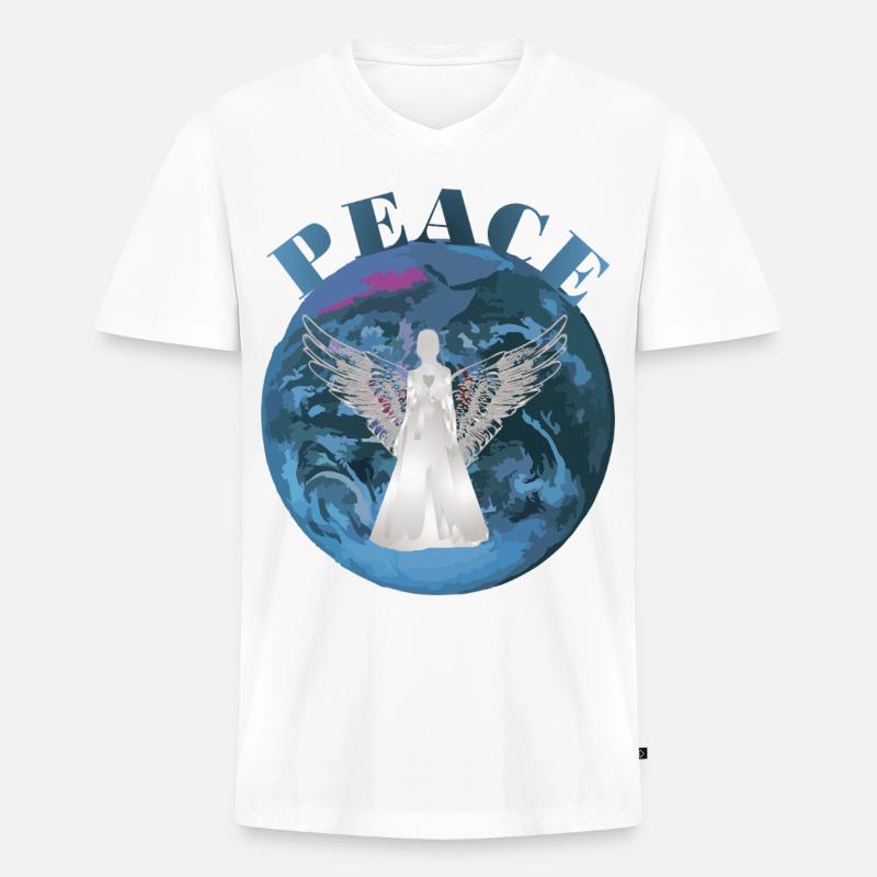 Erde Peace mit Engel Schutz - Männer Premium Bio T-Shirt mit V-Ausschnitt - Weiß