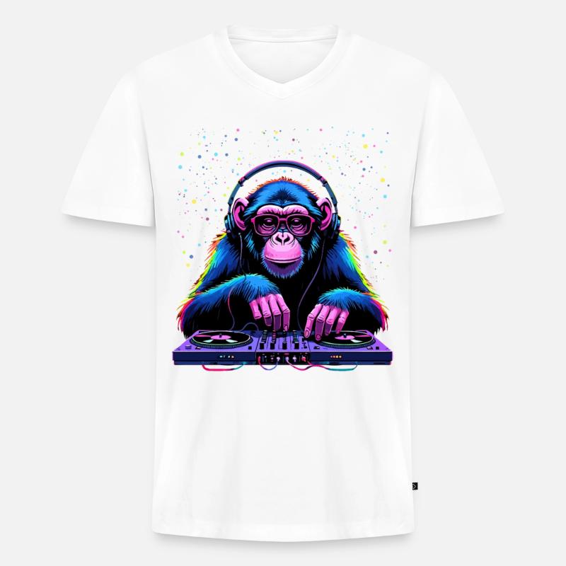 Bunter DJ-Affe mit Kopfhörern und Brille - Männer Premium Bio T-Shirt mit V-Ausschnitt - Weiß