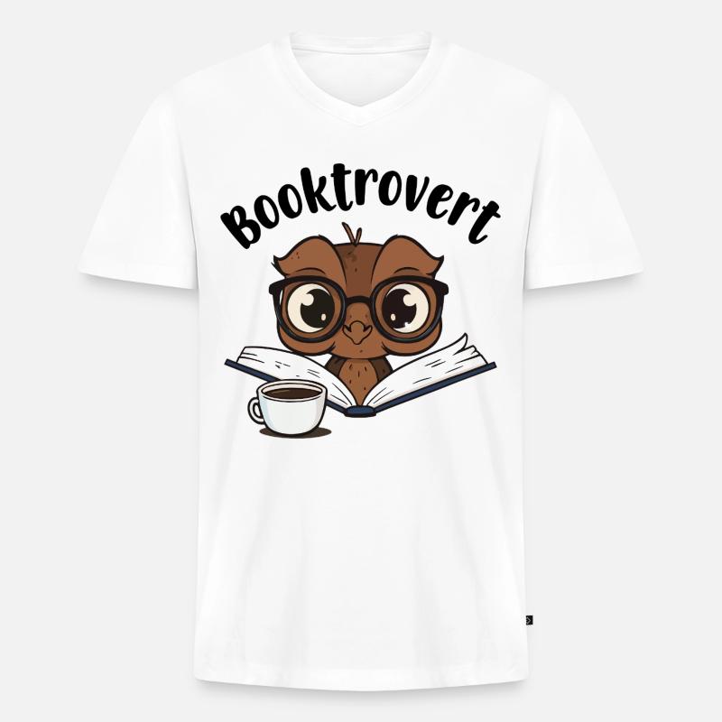 Booktrovert Eule mit Buch und Kaffee - Männer Premium Bio T-Shirt mit V-Ausschnitt - Weiß