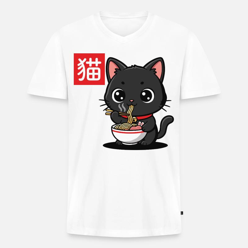 Kätzchen Isst Ramen Illustration - Männer Premium Bio T-Shirt mit V-Ausschnitt - Weiß