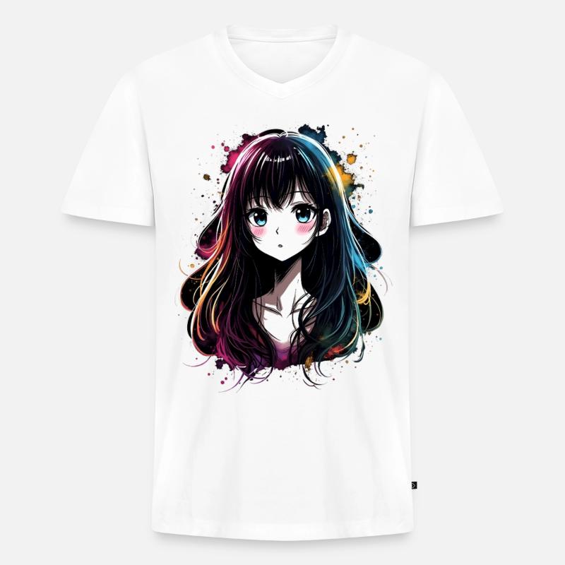 Anime Mädchen mit buntem Farbverlauf - Männer Premium Bio T-Shirt mit V-Ausschnitt - Weiß