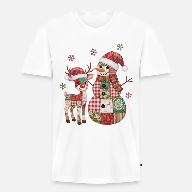 Patchwork Schneemann und Rentier - Männer Premium Bio T-Shirt mit V-Ausschnitt - Weiß