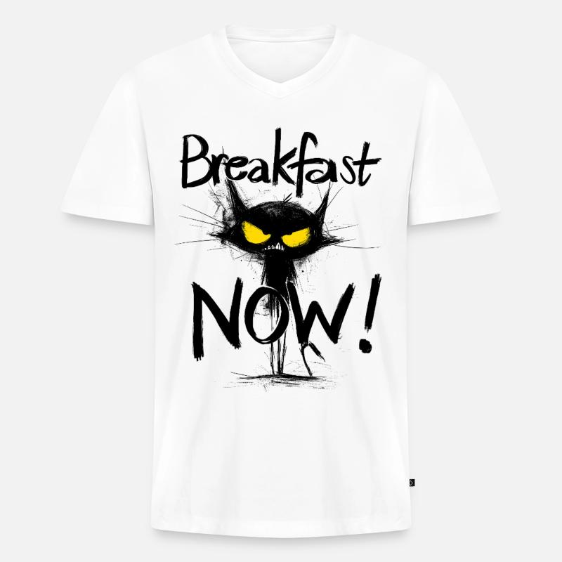 Grimmige schwarze Katze – Breakfast NOW! - Männer Premium Bio T-Shirt mit V-Ausschnitt - Weiß