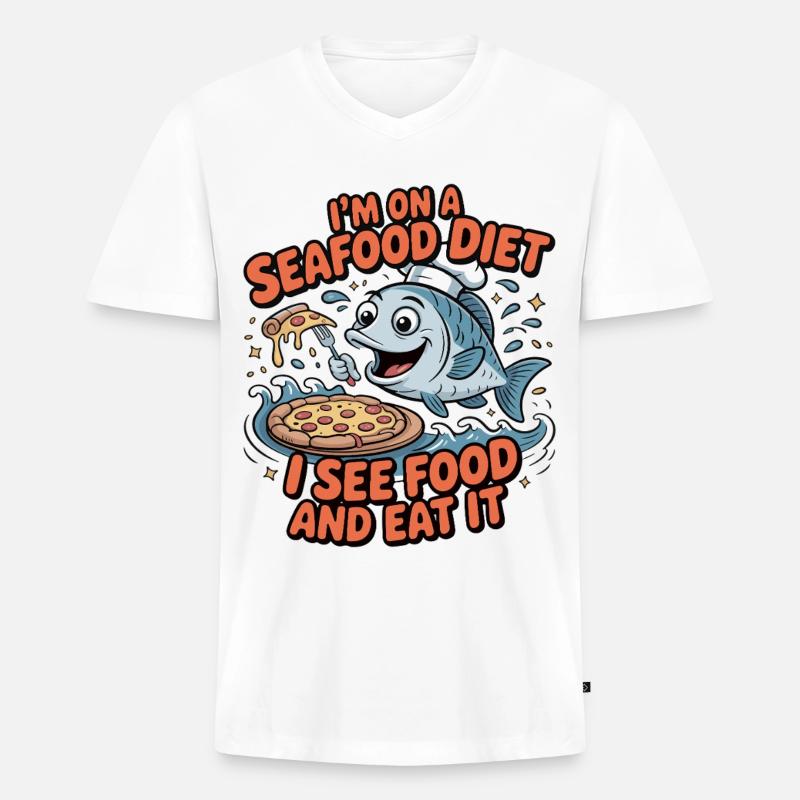 Meeresfrüchte Pizza Witz - Männer Premium Bio T-Shirt mit V-Ausschnitt - Weiß