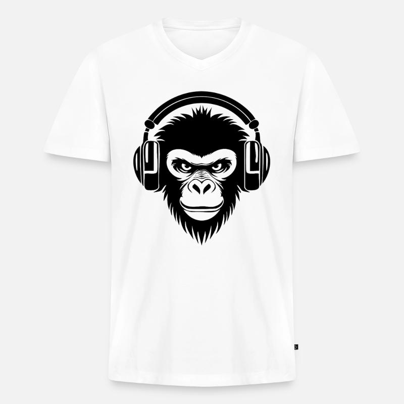 Finsterer Comic-Affe mit Kopfhörern Shirt - Männer Premium Bio T-Shirt mit V-Ausschnitt - Weiß