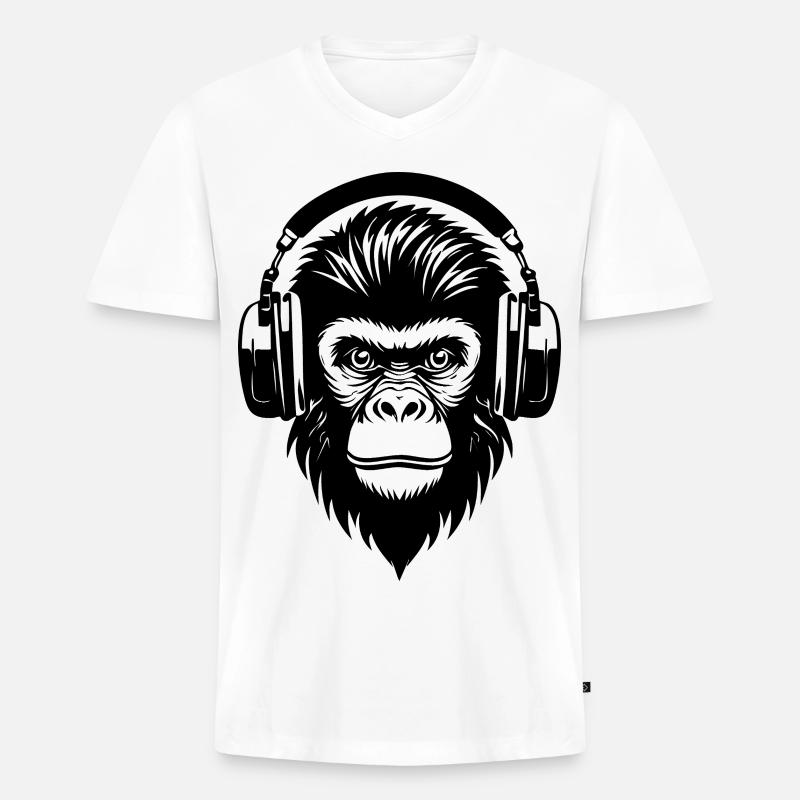 Comic-Affe mit Strähnen und Kopfhörern Shirt - Männer Premium Bio T-Shirt mit V-Ausschnitt - Weiß