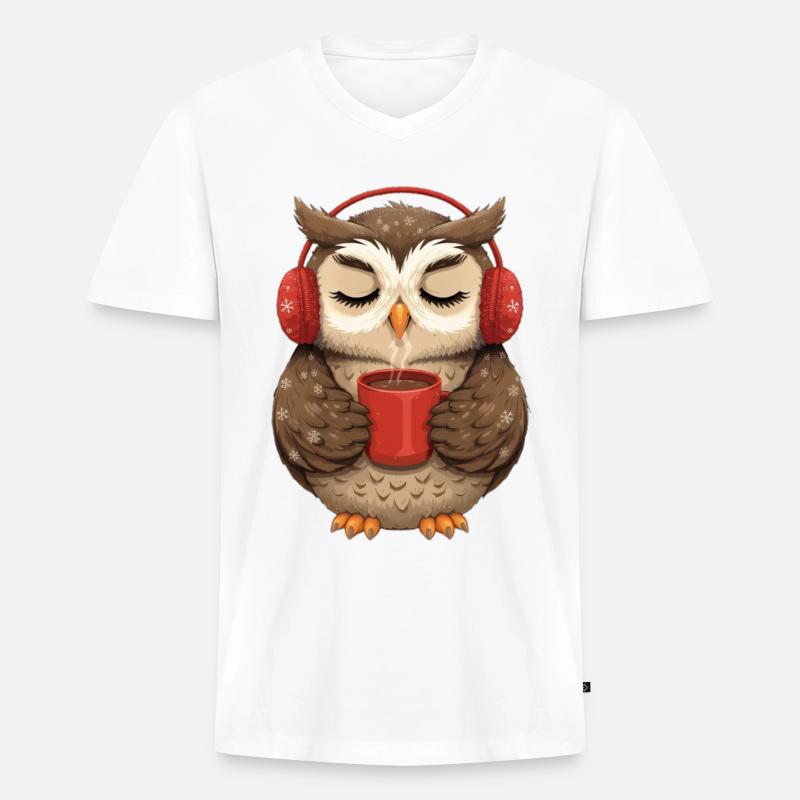 Kuscheleule mit Kopfhörern und Kaffee - Männer Premium Bio T-Shirt mit V-Ausschnitt - Weiß