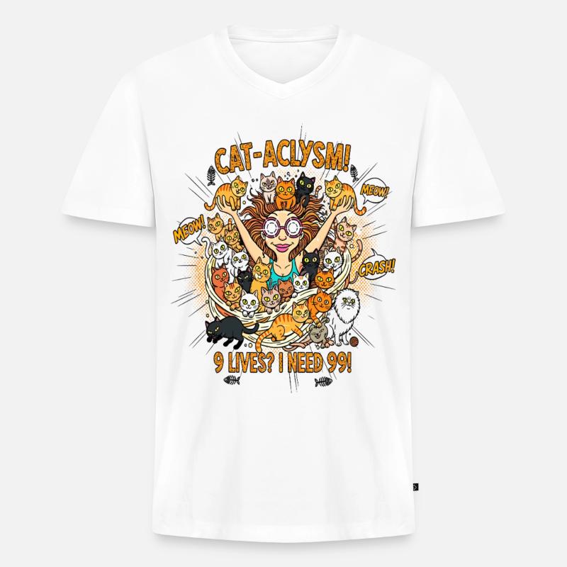 CAT-ACLYSM! 99 Katzen Chaos - Comic - Männer Premium Bio T-Shirt mit V-Ausschnitt - Weiß