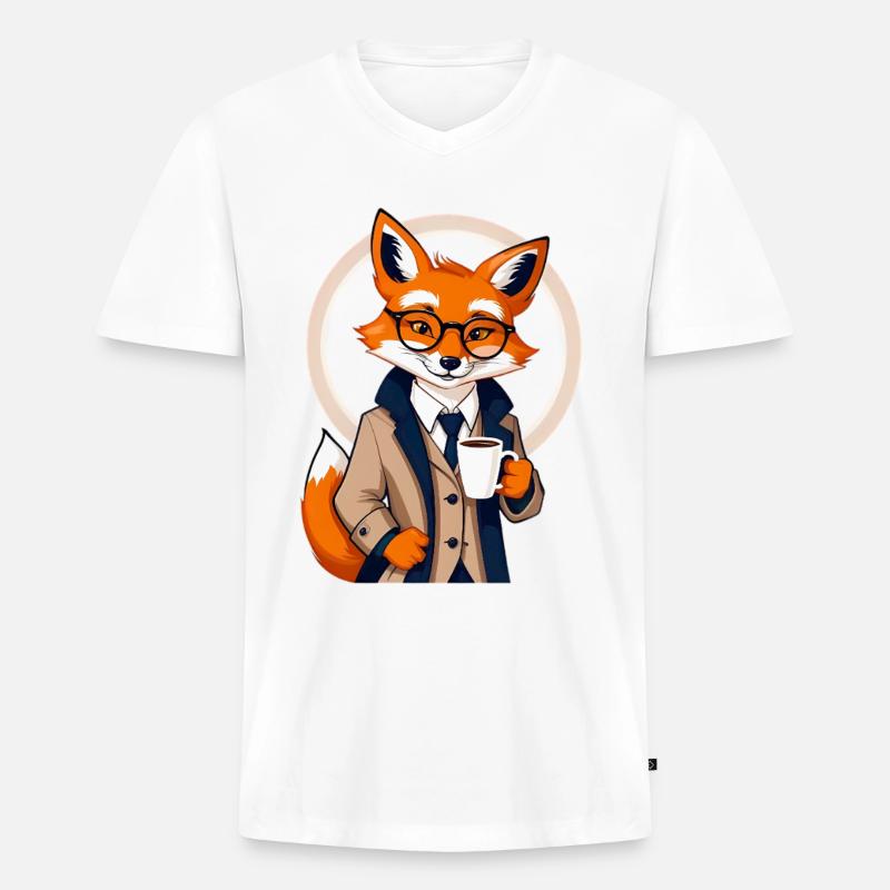 Fuchs im Anzug mit Kaffee - Männer Premium Bio T-Shirt mit V-Ausschnitt - Weiß