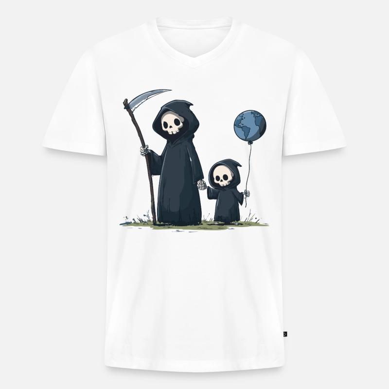 Süßer Grim Reaper mit Kind - Männer Premium Bio T-Shirt mit V-Ausschnitt - Weiß