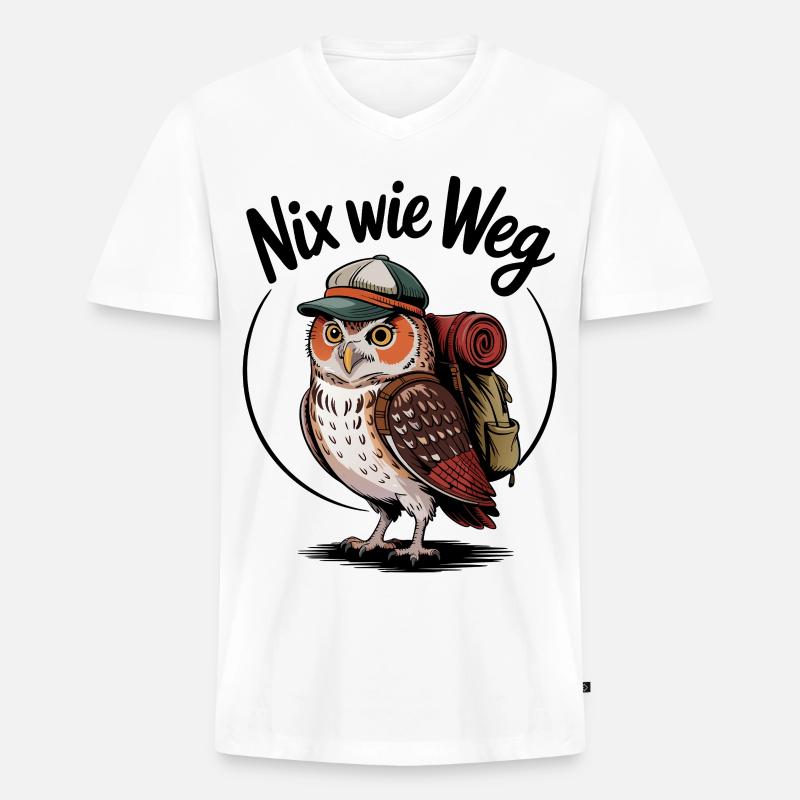 Waldwanderer Eule mit Rucksack - Männer Premium Bio T-Shirt mit V-Ausschnitt - Weiß