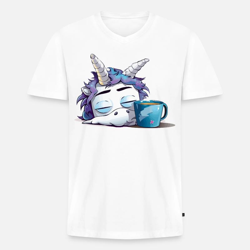 Schlafendes Einhorn und Kaffeebecher - Männer Premium Bio T-Shirt mit V-Ausschnitt - Weiß