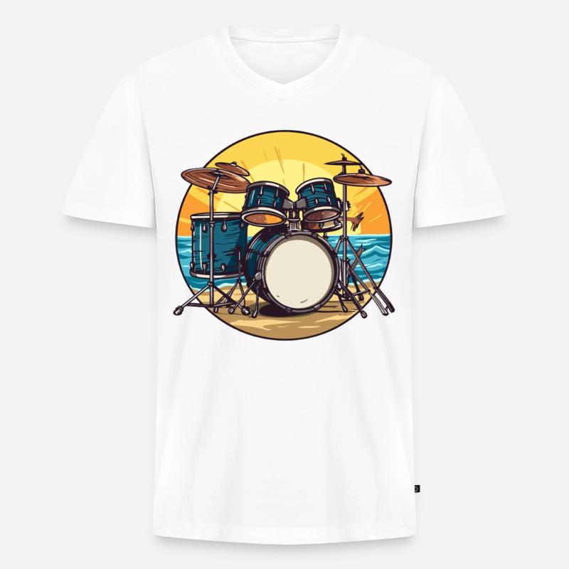 Drumset am Strand Schlagzeug Drummer  - Männer Premium Bio T-Shirt mit V-Ausschnitt - Weiß