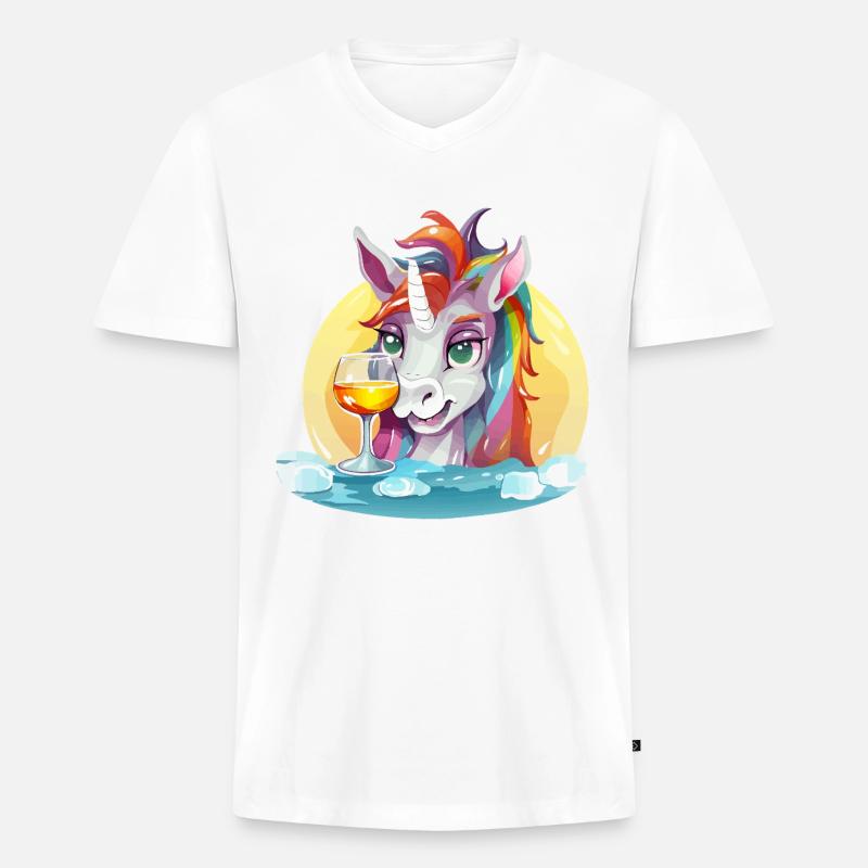 Buntes Einhorn mit Wein - Männer Premium Bio T-Shirt mit V-Ausschnitt - Weiß