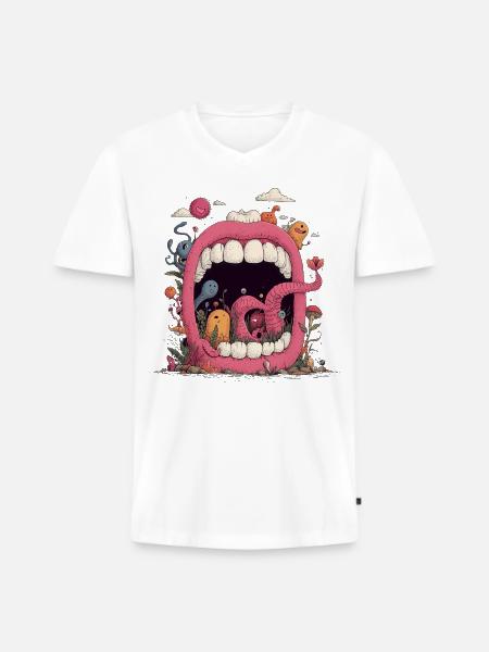 Pink Mouth World with Creatures - Men's Premium Organic T-shirt with V-neck - white