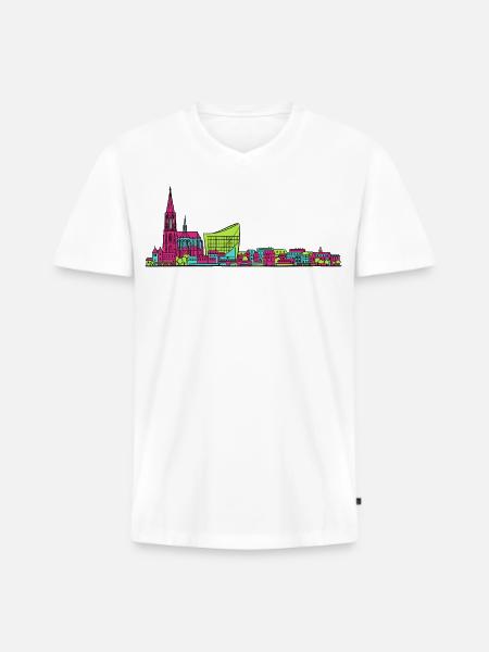 Straßburger Skyline Kathedrale Linienkunst - Männer Premium Bio T-Shirt mit V-Ausschnitt - Weiß