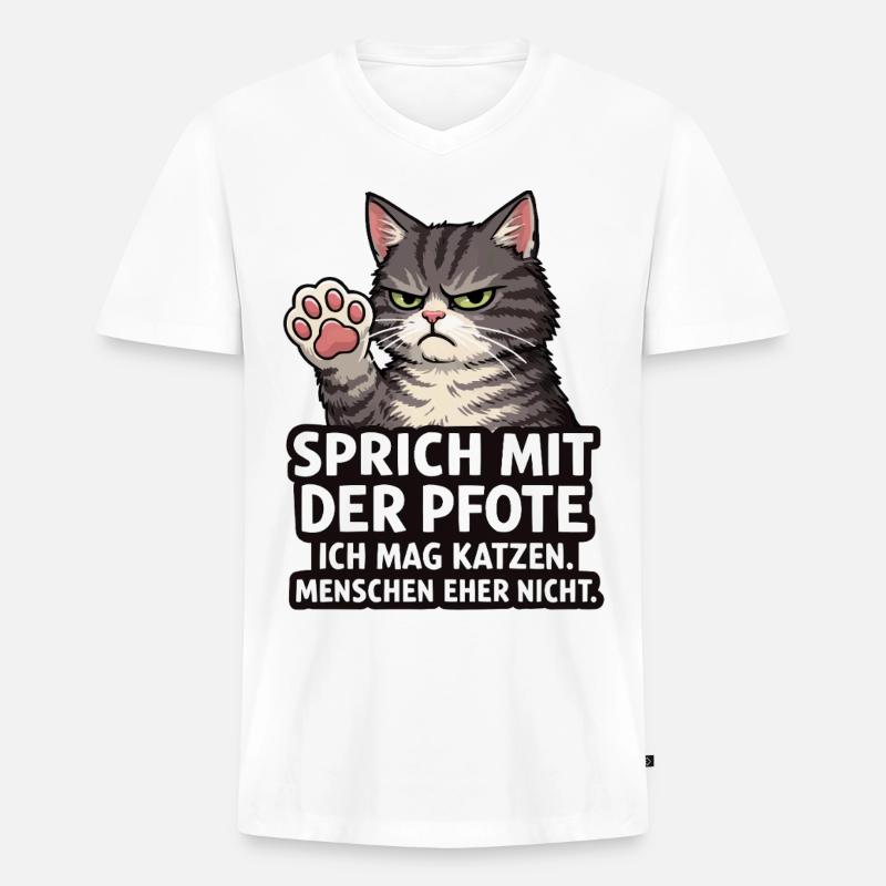 Sprich mit der Pfote – Grumpy Katze - Männer Premium Bio T-Shirt mit V-Ausschnitt - Weiß