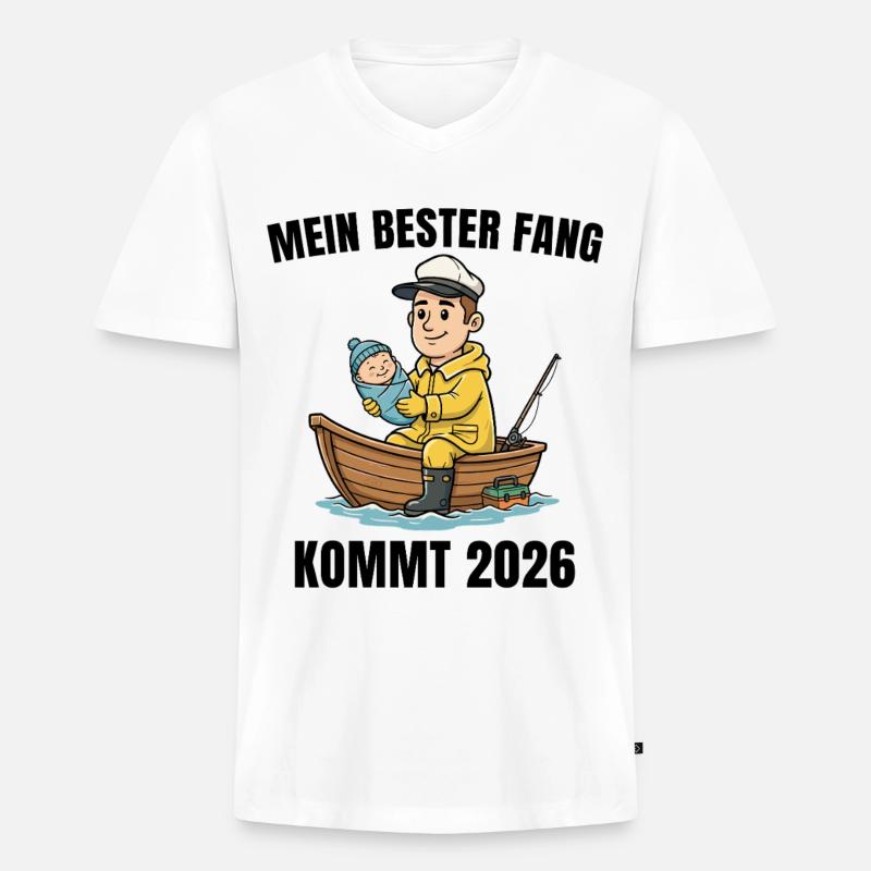 Vaterschaft 2026 Angler Werdender Papa - Männer Premium Bio T-Shirt mit V-Ausschnitt - Weiß