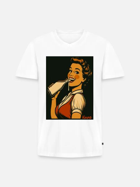 Retro Dame mit Milch Getränk - Männer Premium Bio T-Shirt mit V-Ausschnitt - Weiß