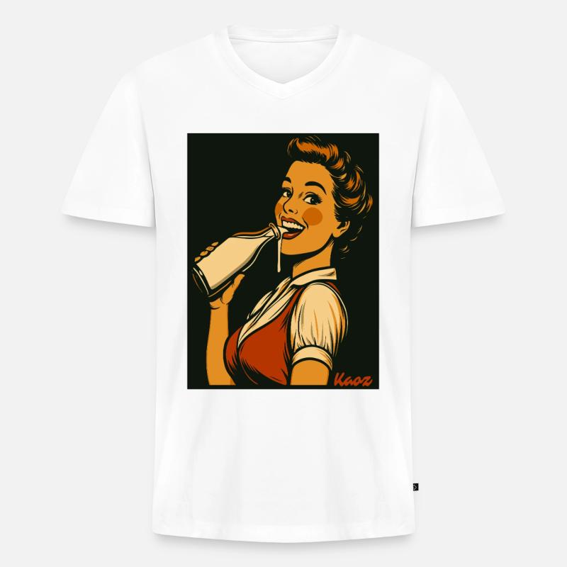 Retro Dame mit Milch Getränk - Männer Premium Bio T-Shirt mit V-Ausschnitt - Weiß