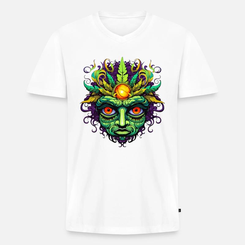 Psychedelisches Maskengesicht mit Sonnenkrone - Männer Premium Bio T-Shirt mit V-Ausschnitt - Weiß