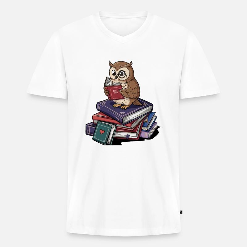 Bücherwurm-Eule-Vogel liest Bücher Kunst - Männer Premium Bio T-Shirt mit V-Ausschnitt - Weiß
