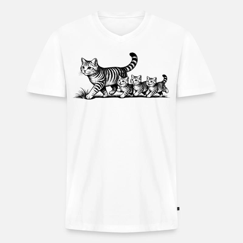 Katzenmutter mit 3 Katzenbabys schwarzweiß - Männer Premium Bio T-Shirt mit V-Ausschnitt - Weiß