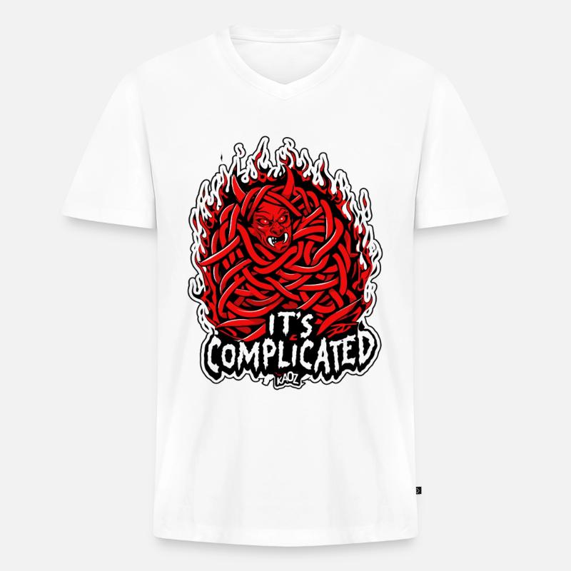 Trasslig elddemon: Det är komplicerat - Ekologisk premium-T-shirt med V-ringning herr - vit