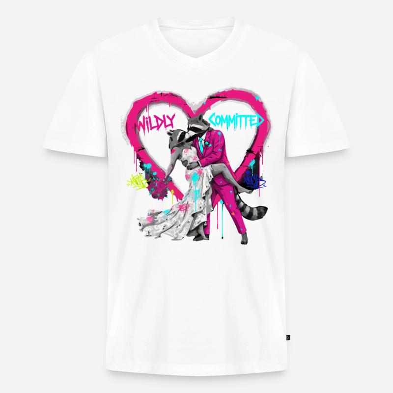 Wildly Committed Waschbär Hochzeit - Männer Premium Bio T-Shirt mit V-Ausschnitt - Weiß