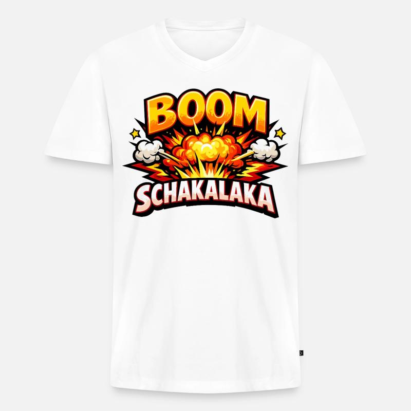 Boom Schakalaka Comic Spruch mit Explosion - Männer Premium Bio T-Shirt mit V-Ausschnitt - Weiß