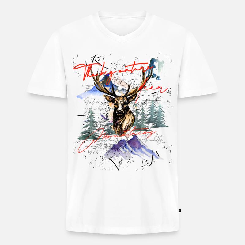 Hirsch Geweih Berge - Männer Premium Bio T-Shirt mit V-Ausschnitt - Weiß